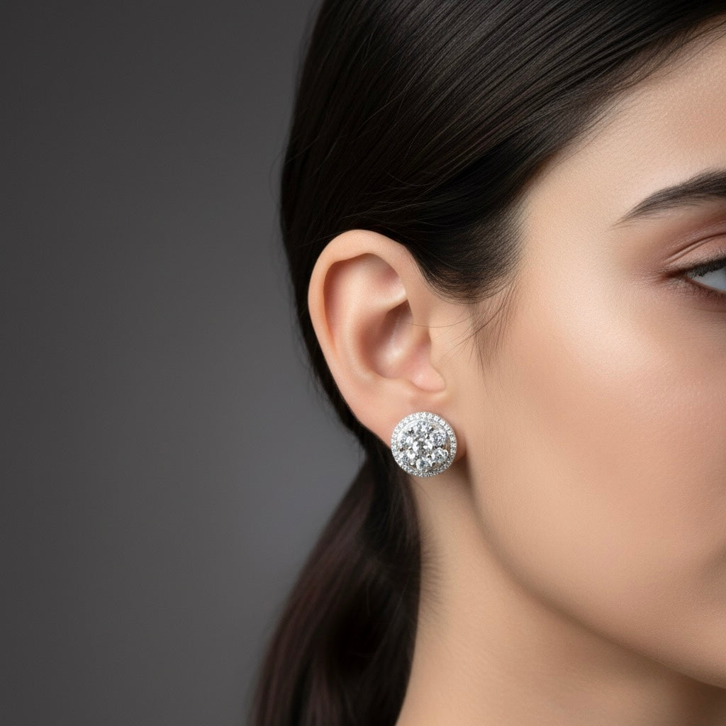 Double Halo Sparkle Silver Earrings