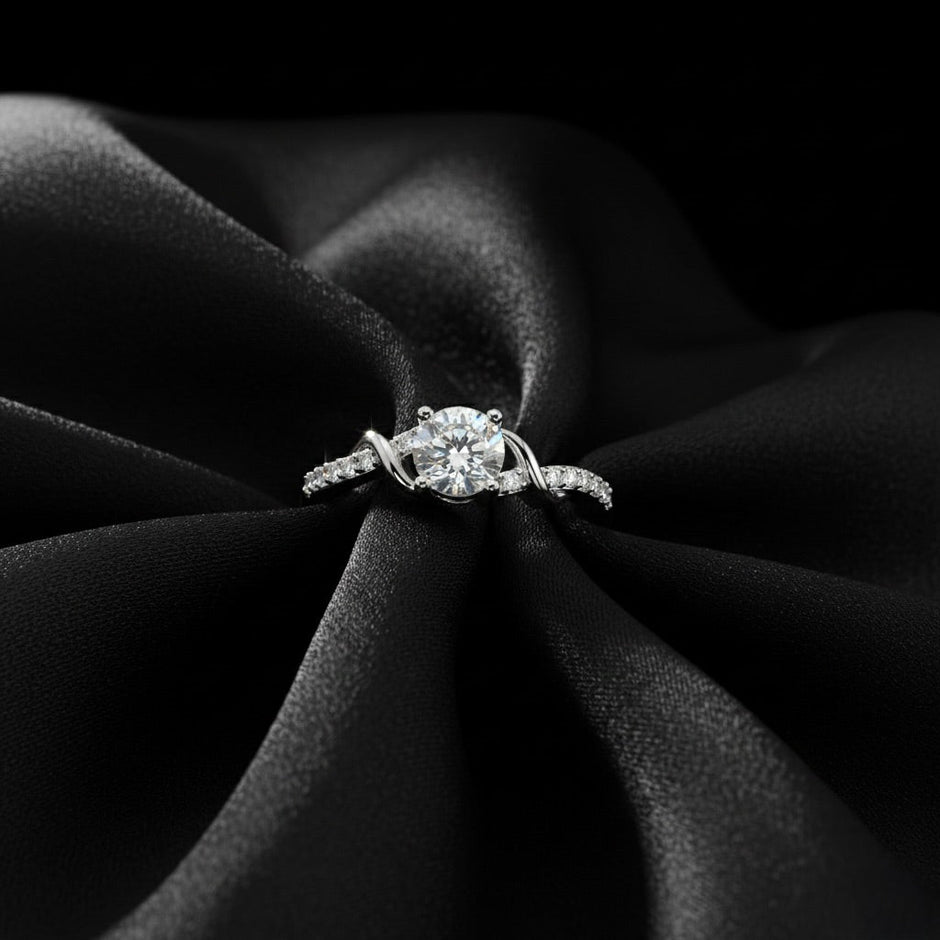 Round Solitaire with Pave Twist Silver Ring