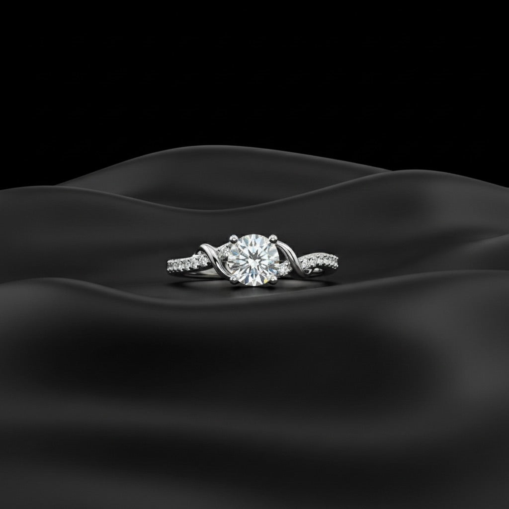 Round Solitaire with Pave Twist Silver Ring