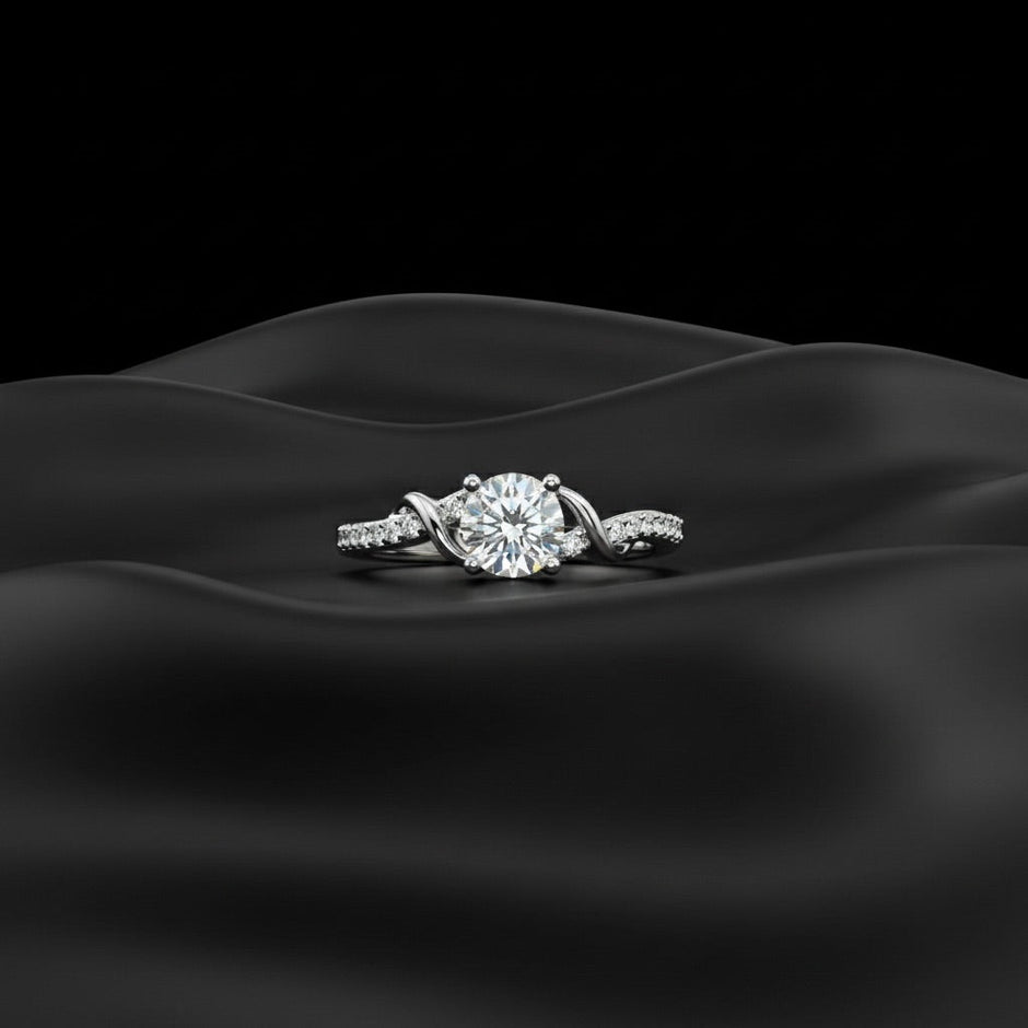 Round Solitaire with Pave Twist Silver Ring