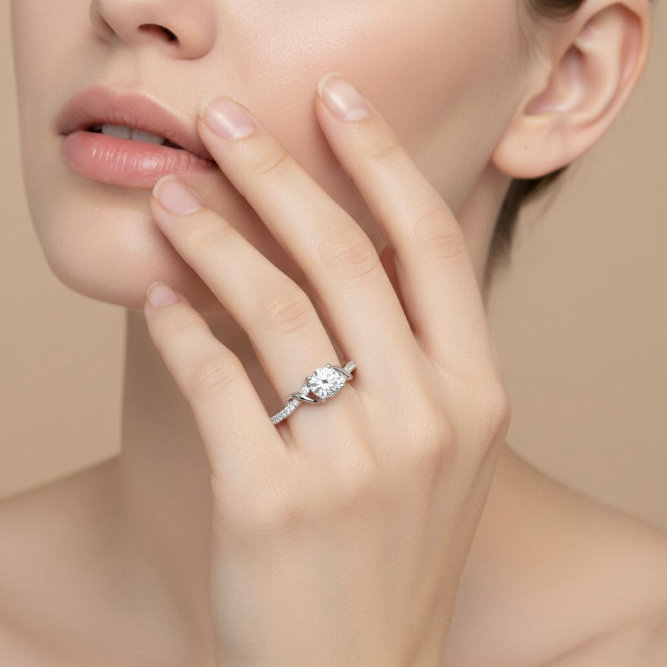 Round Solitaire with Pave Twist Silver Ring