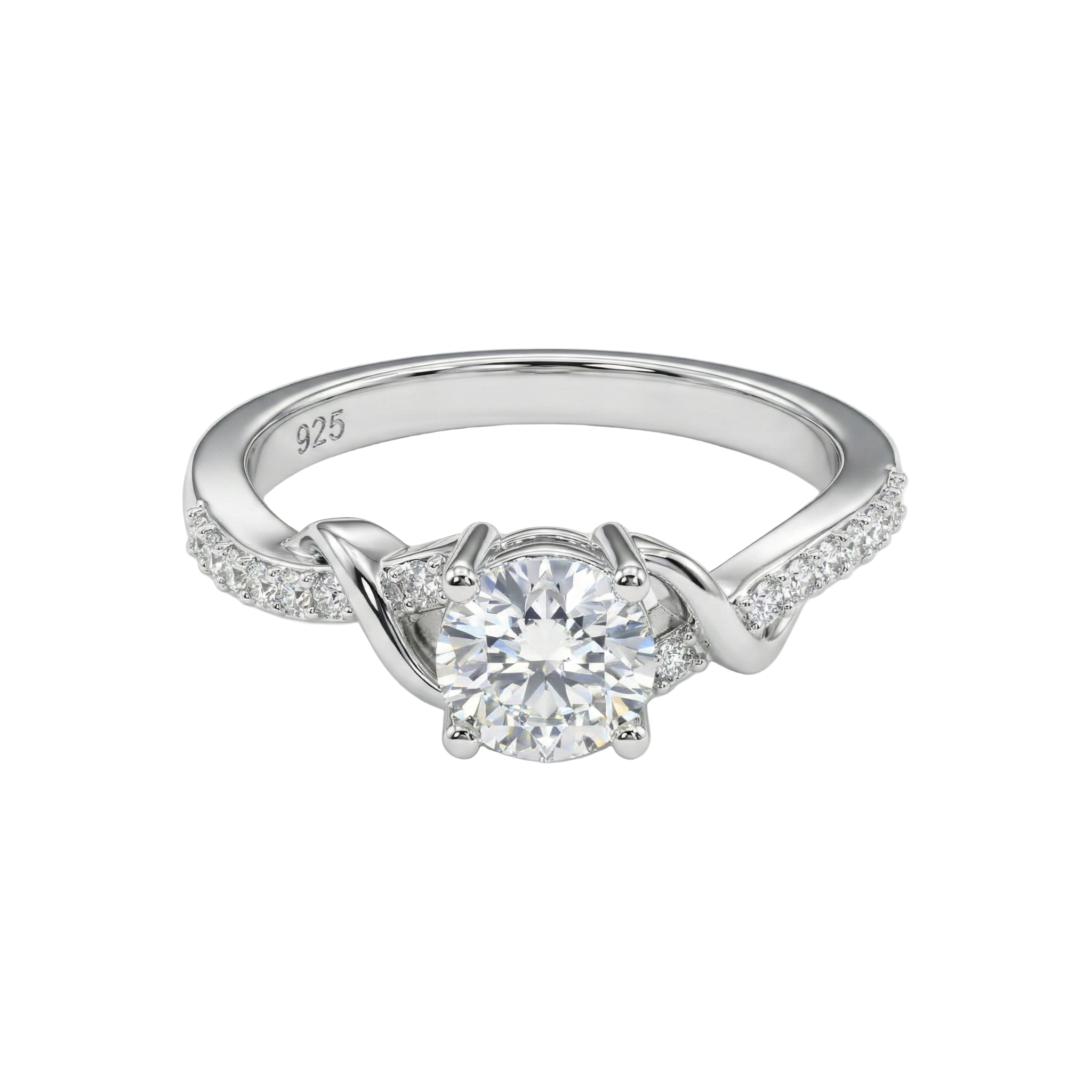 Round Solitaire with Pave Twist Silver Ring