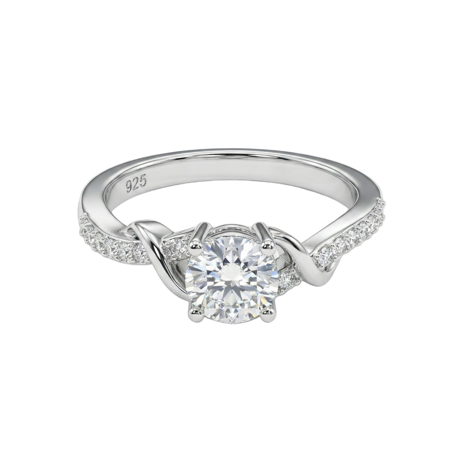 Round Solitaire with Pave Twist Silver Ring