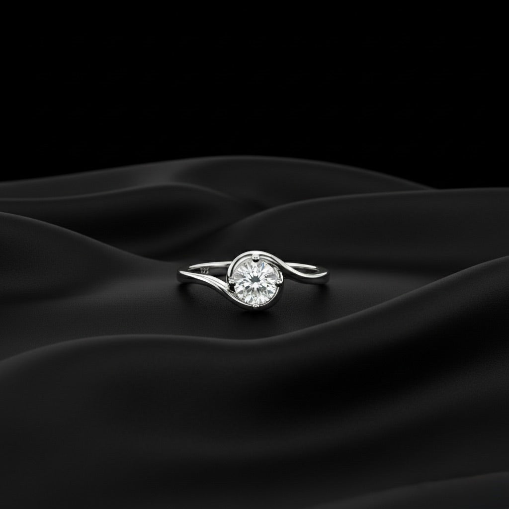 Classic Round Solitaire Swirl Silver Ring