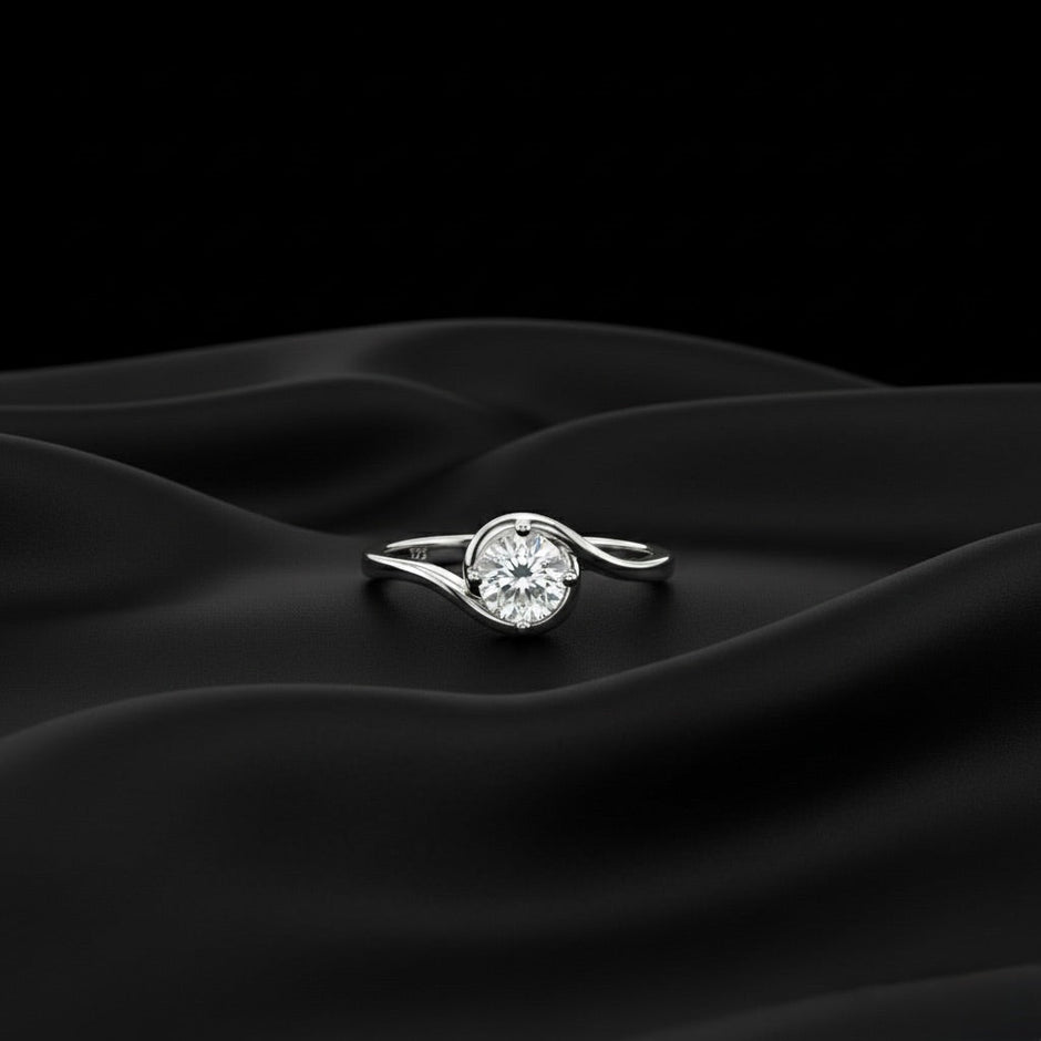 Classic Round Solitaire Swirl Silver Ring