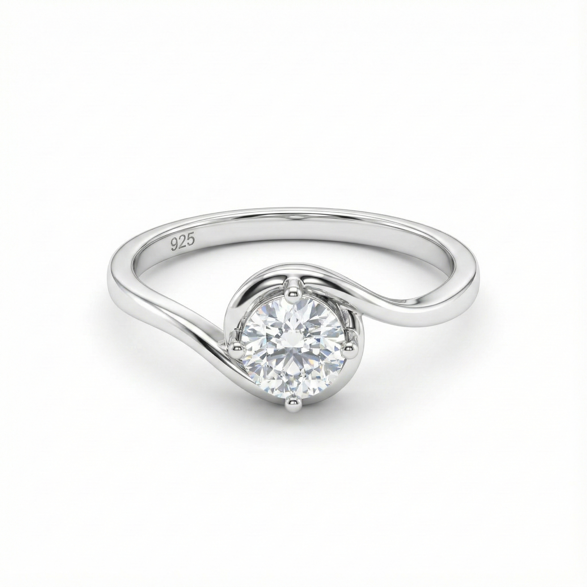 Classic Round Solitaire Swirl Silver Ring