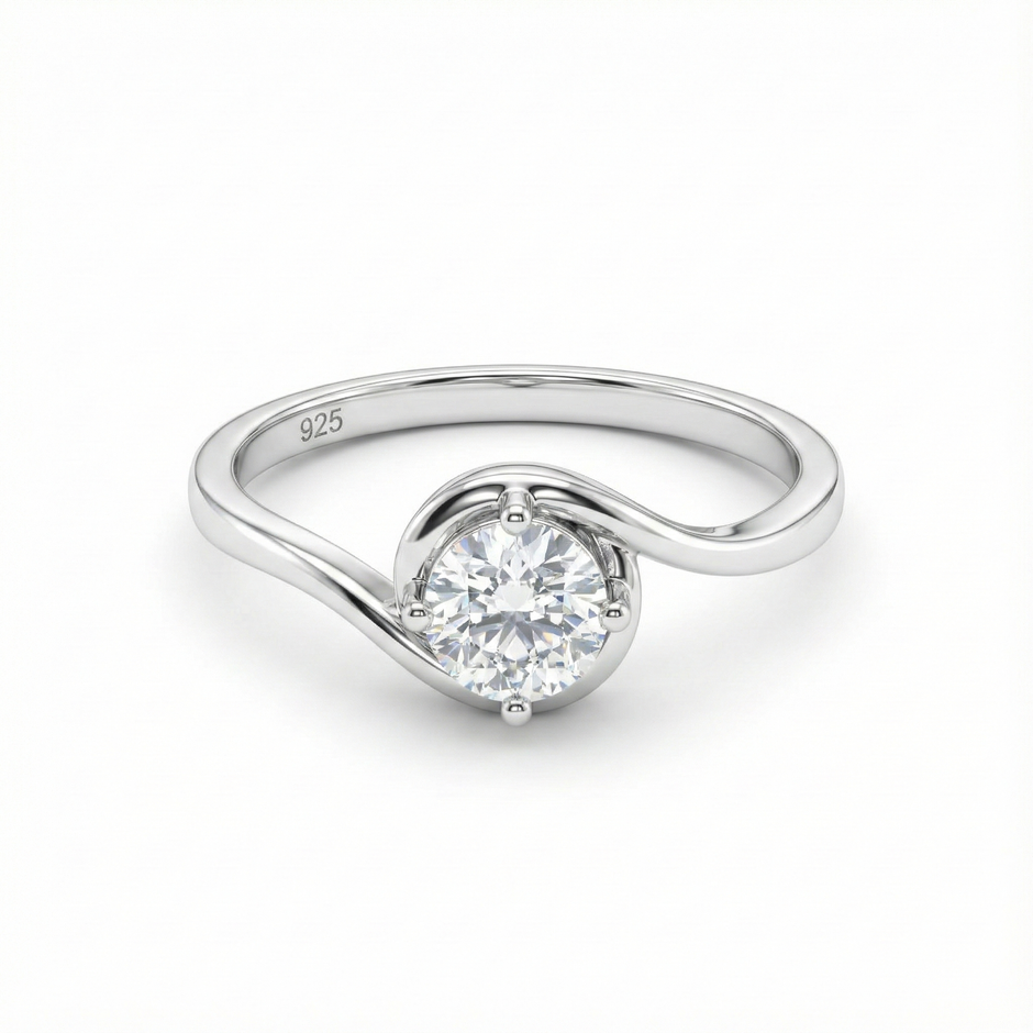 Classic Round Solitaire Swirl Silver Ring