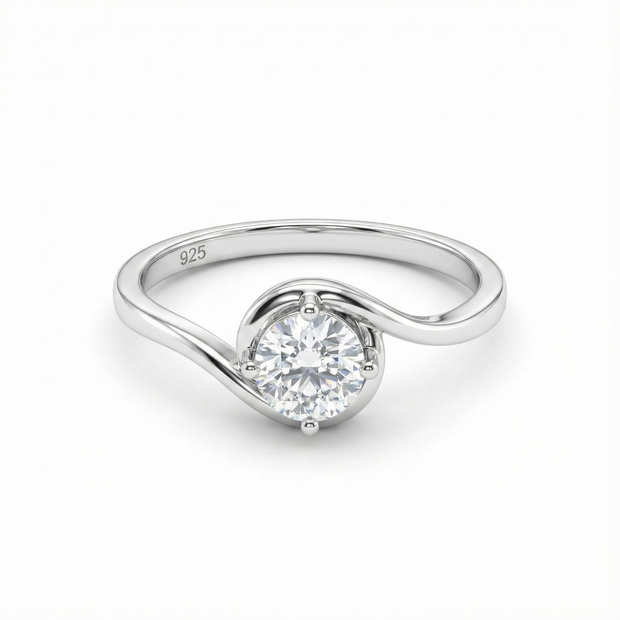 Classic Round Solitaire Swirl Silver Ring