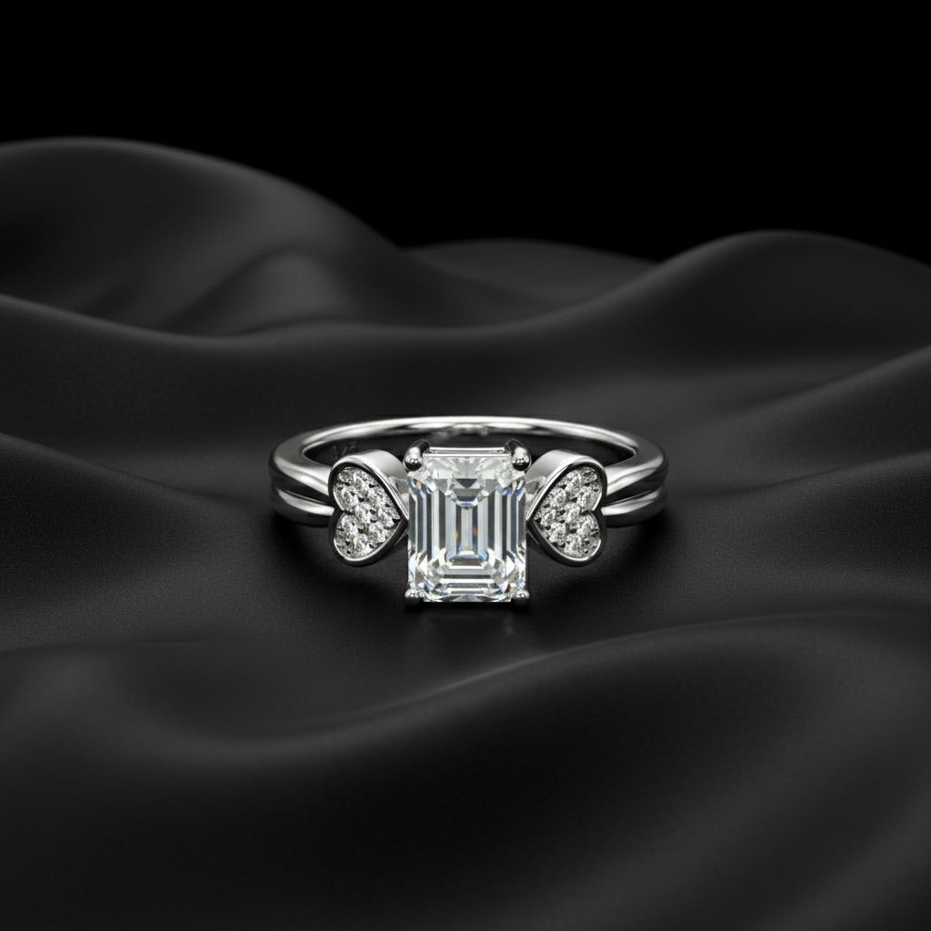 Emerald Cut Solitaire Silver Ring with Pave Heart Accents