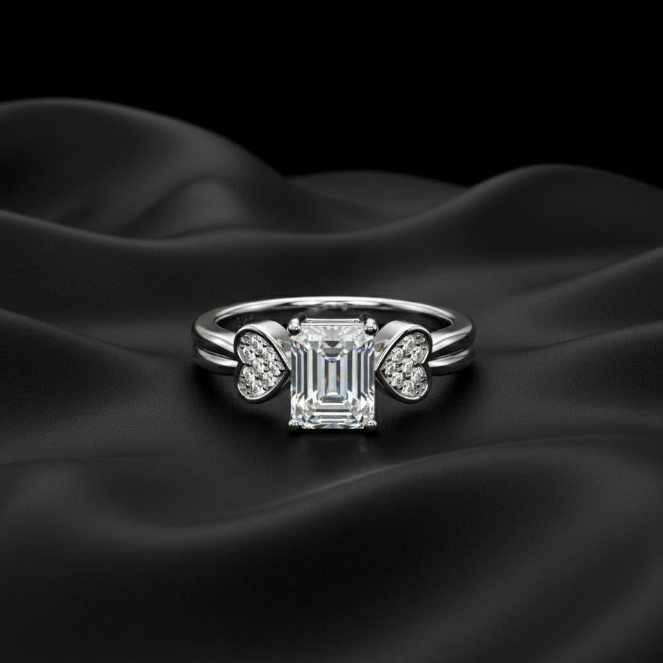 Emerald Cut Solitaire Silver Ring with Pave Heart Accents