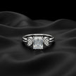 Emerald Cut Solitaire Silver Ring with Pave Heart Accents