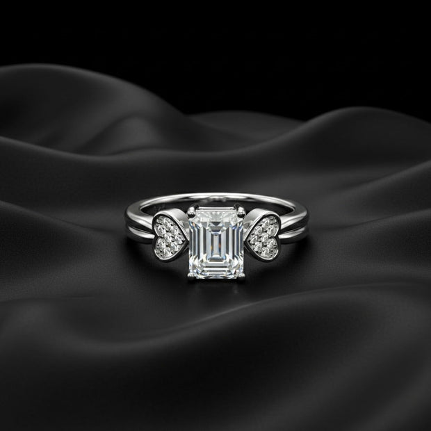 Emerald Cut Solitaire Silver Ring with Pave Heart Accents