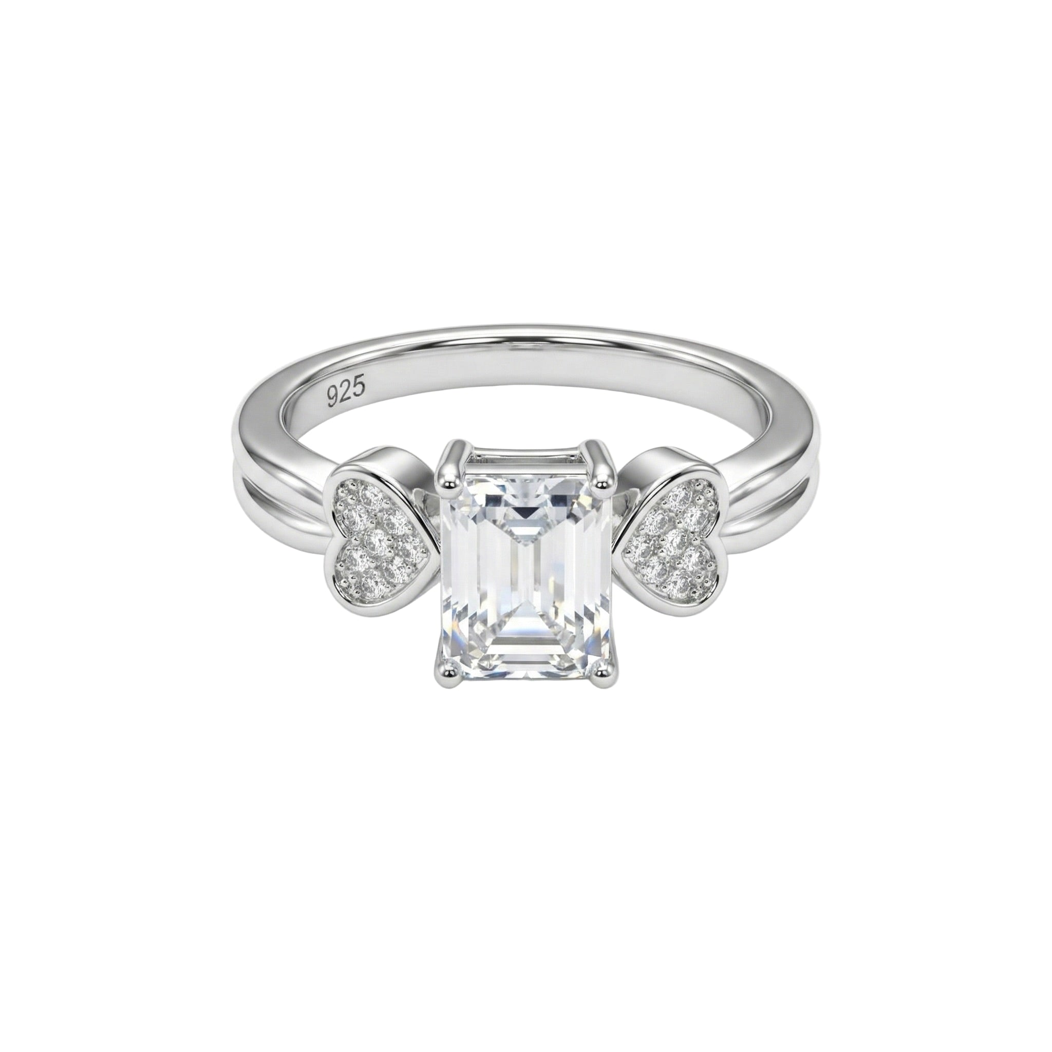 Emerald Cut Solitaire Silver Ring with Pave Heart Accents