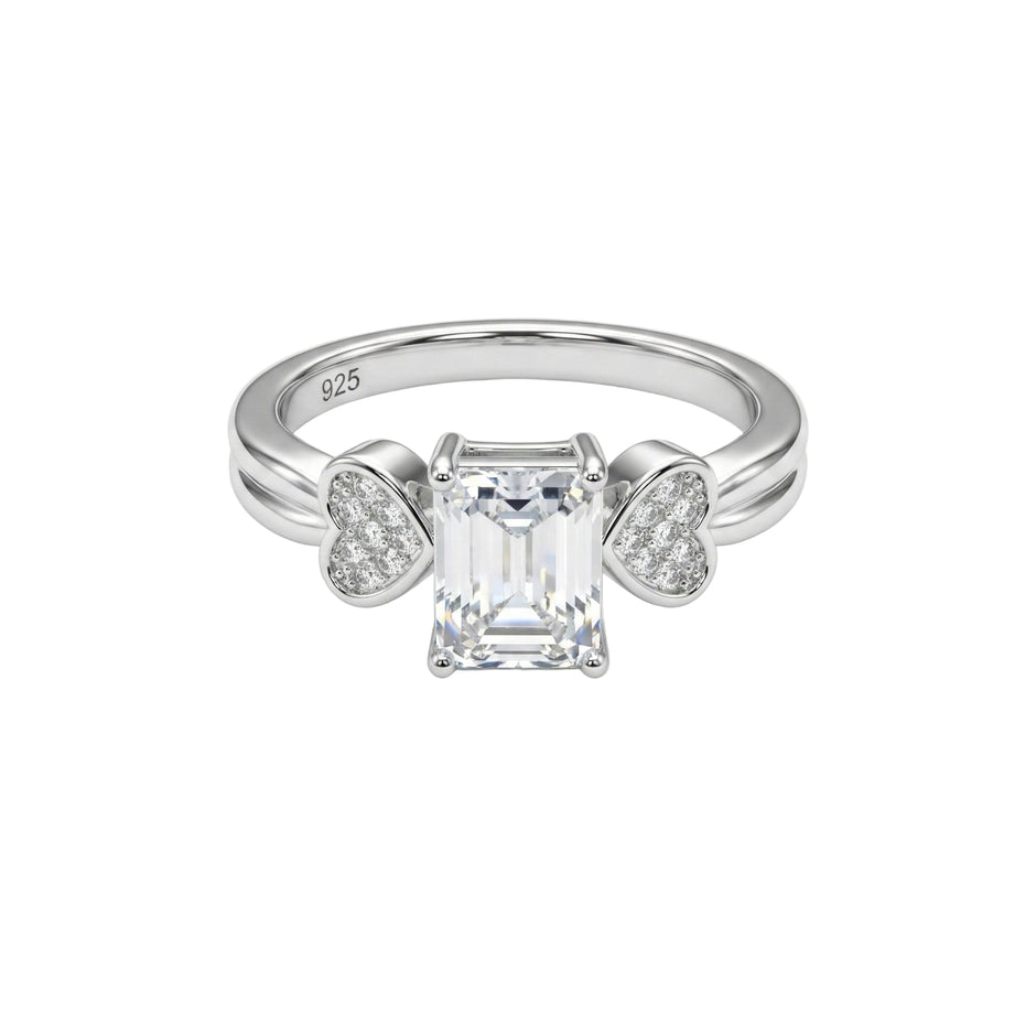 Emerald Cut Solitaire Silver Ring with Pave Heart Accents