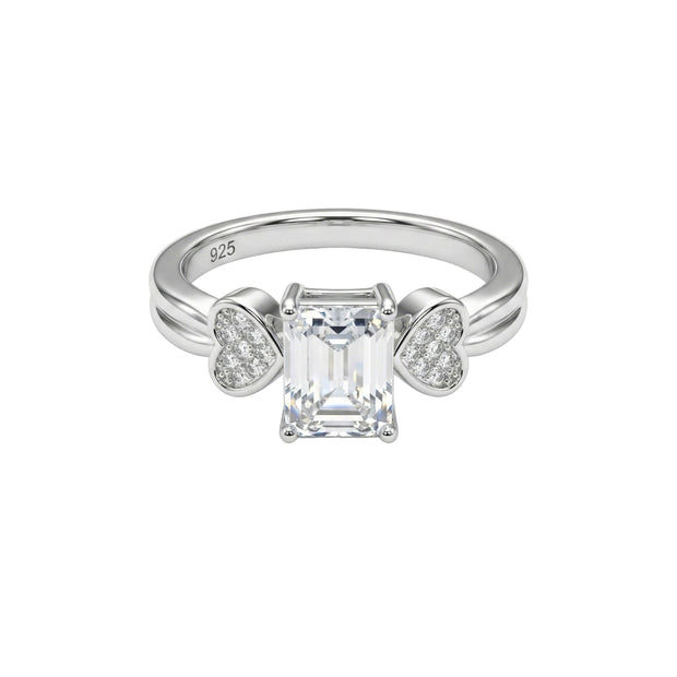 Emerald Cut Solitaire Silver Ring with Pave Heart Accents