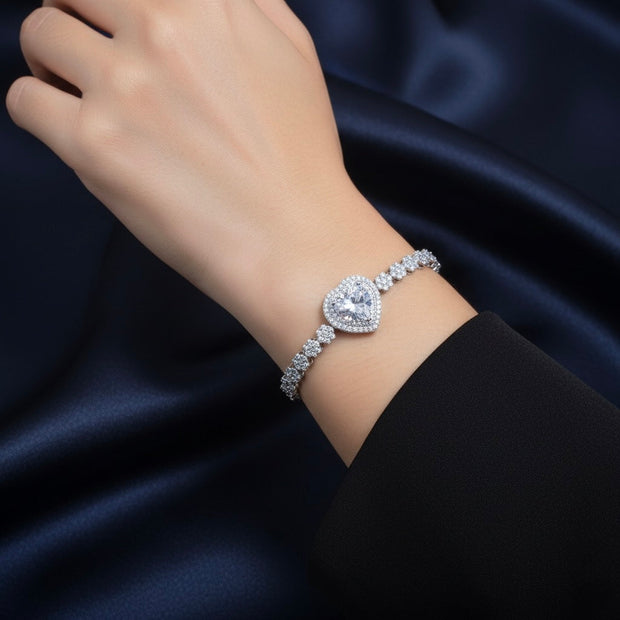 Sparkling Heart-Cut Sterling Silver Tennis Bracelet