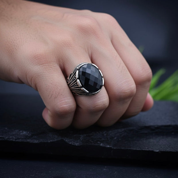 Antique Silver Faceted Black Stone Ring