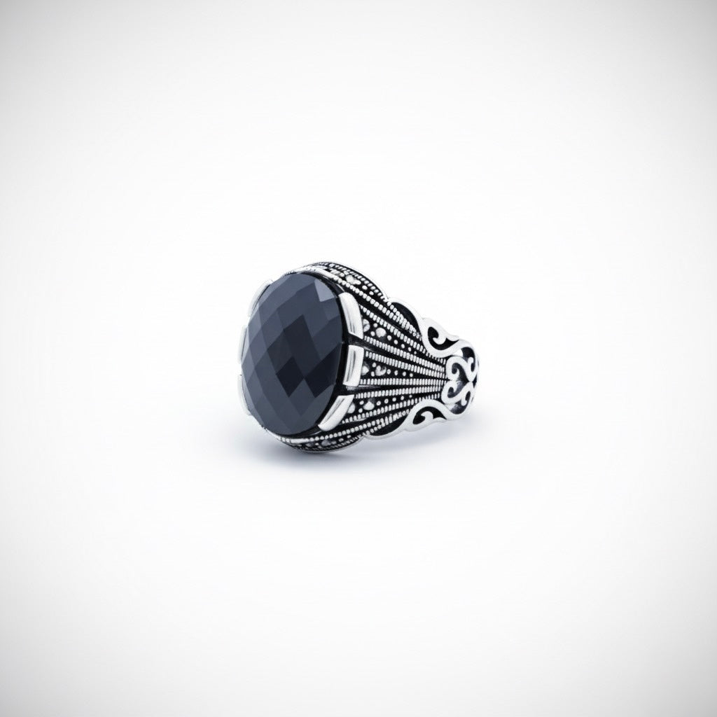 Antique Silver Faceted Black Stone Ring