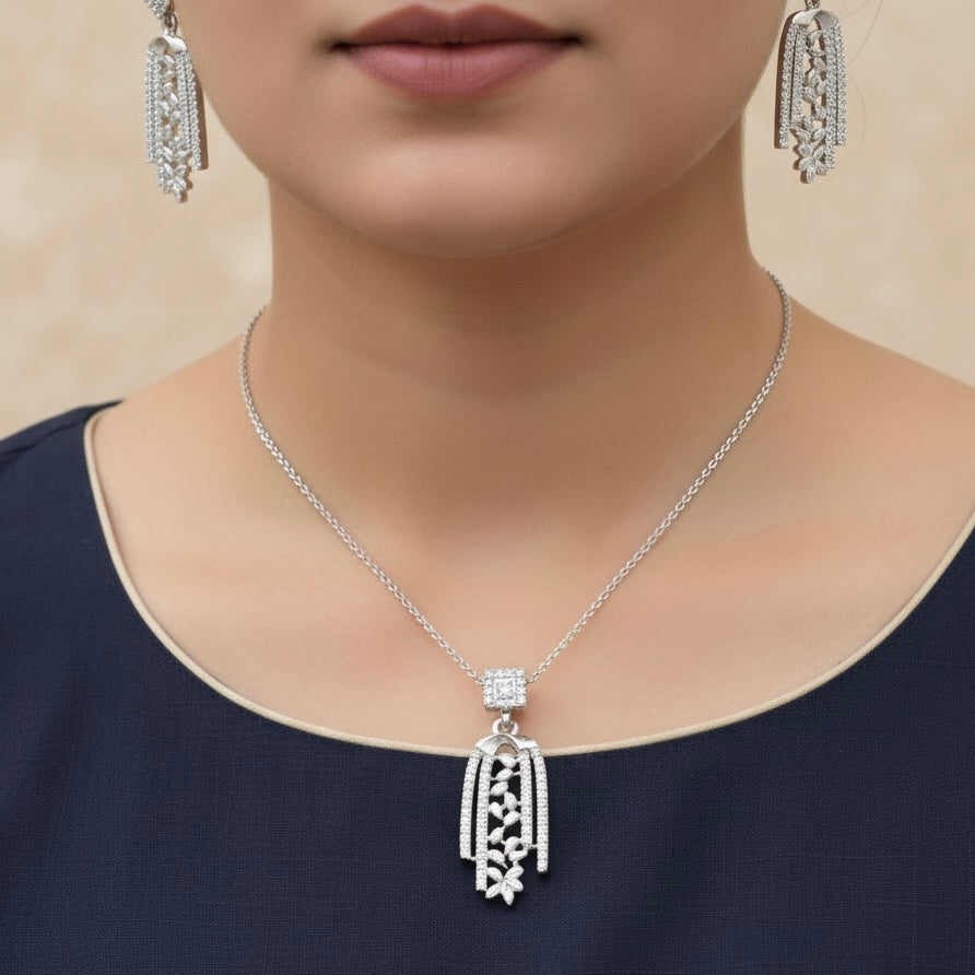 Floral Tassel Pendant Set with Chain and Earrings