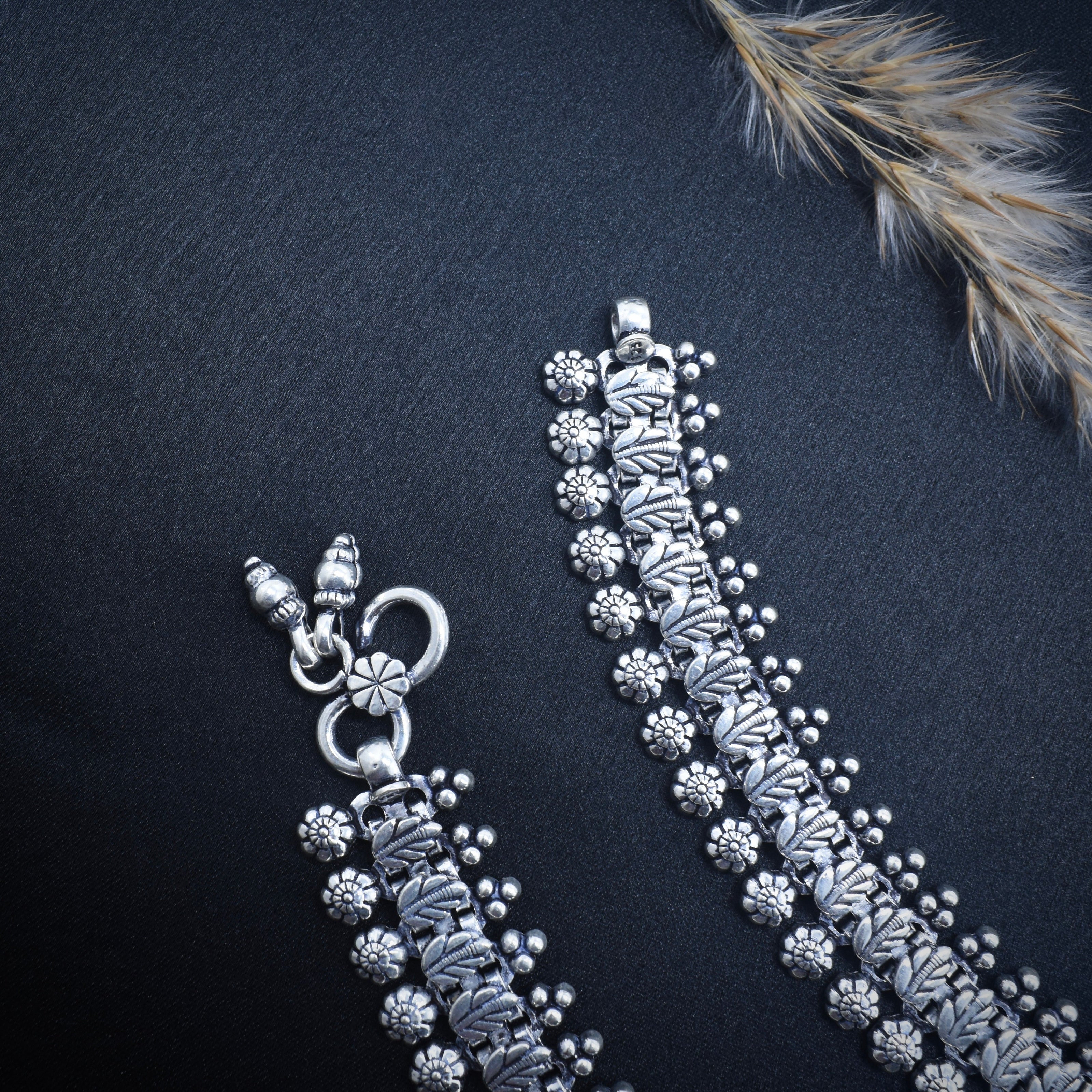 Floral bellwork Antique Silver Anklet