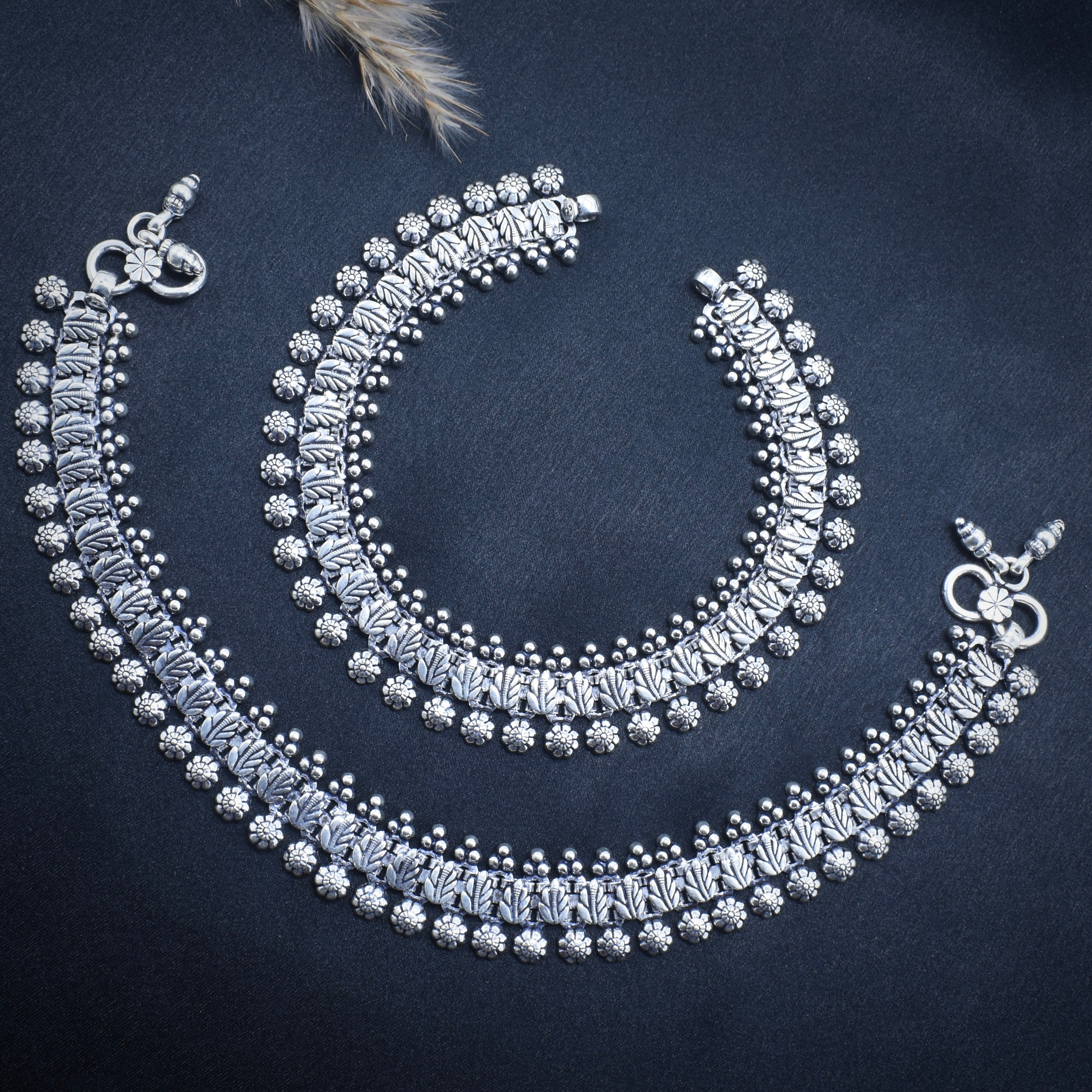 Floral bellwork Antique Silver Anklet