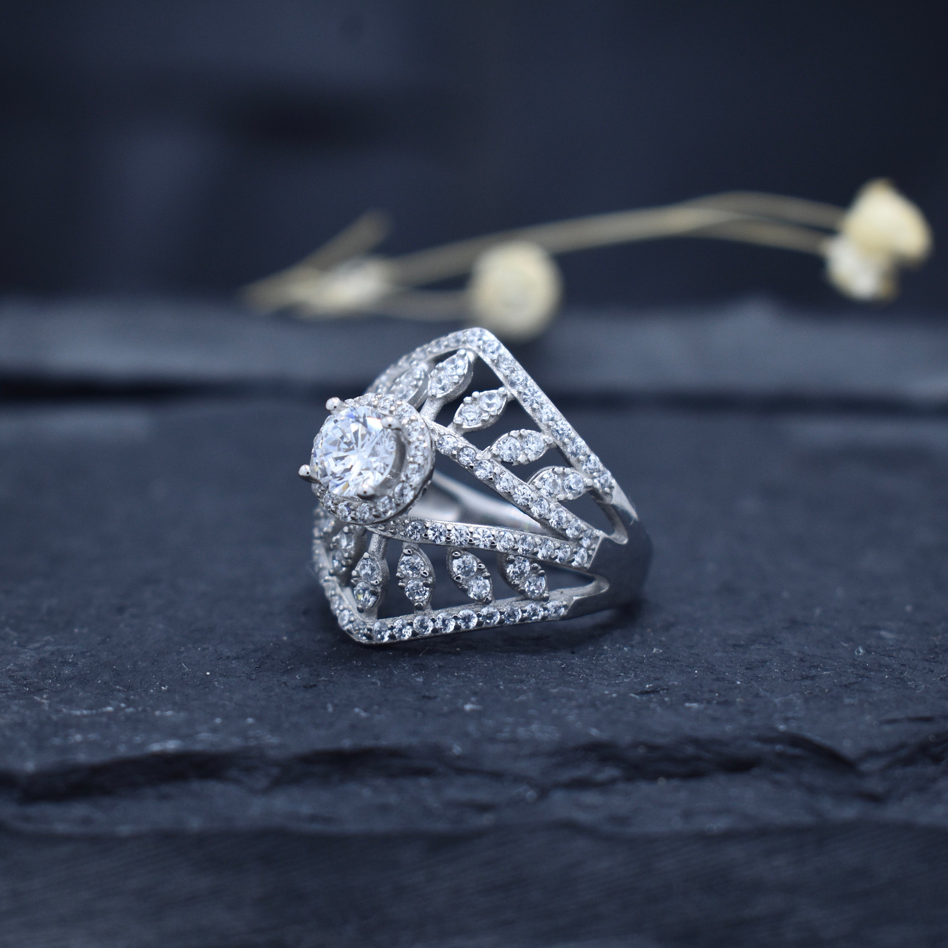 Floral Petal Pave Zircon Silver Ring