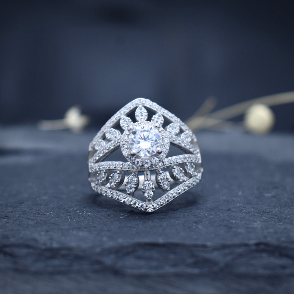 Floral Petal Pave Zircon Silver Ring