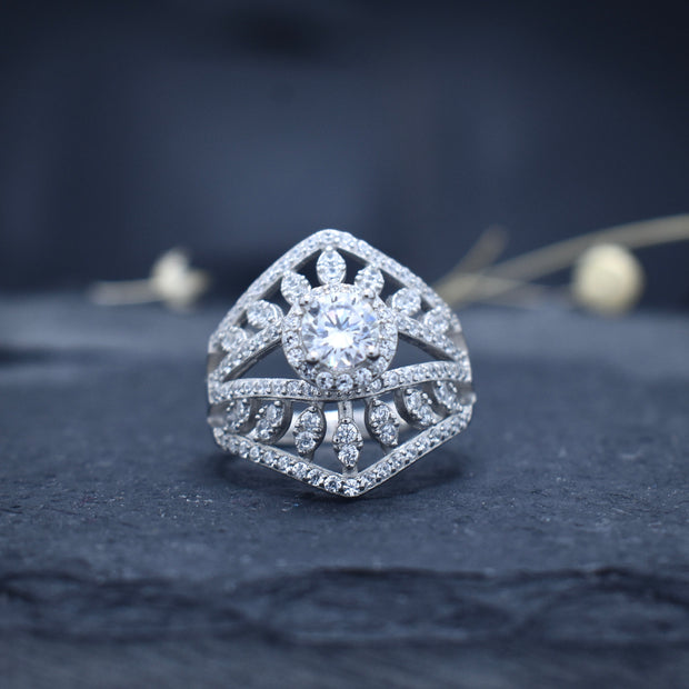 Floral Petal Pave Zircon Silver Ring
