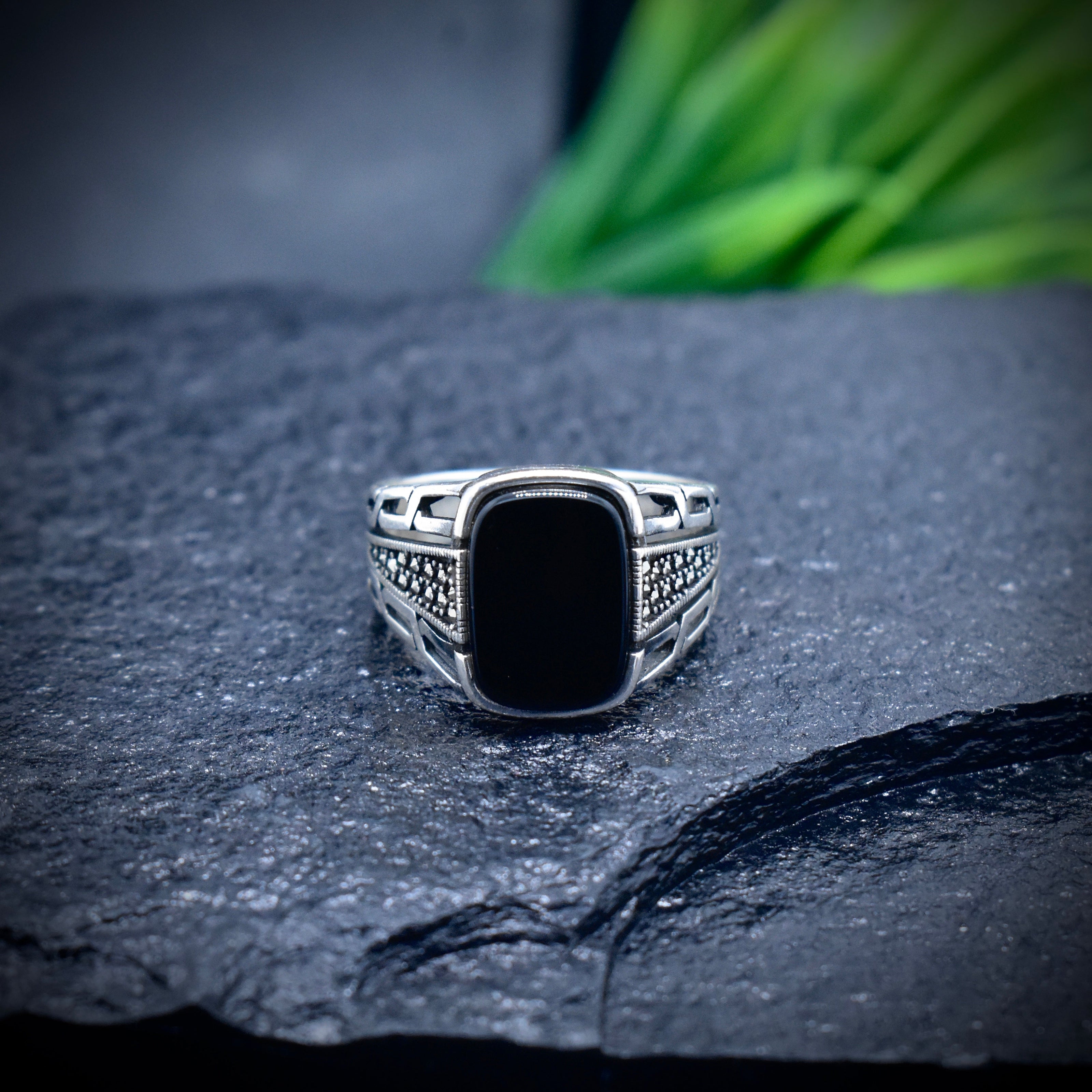 Rectangular Black Stone Silver Ring