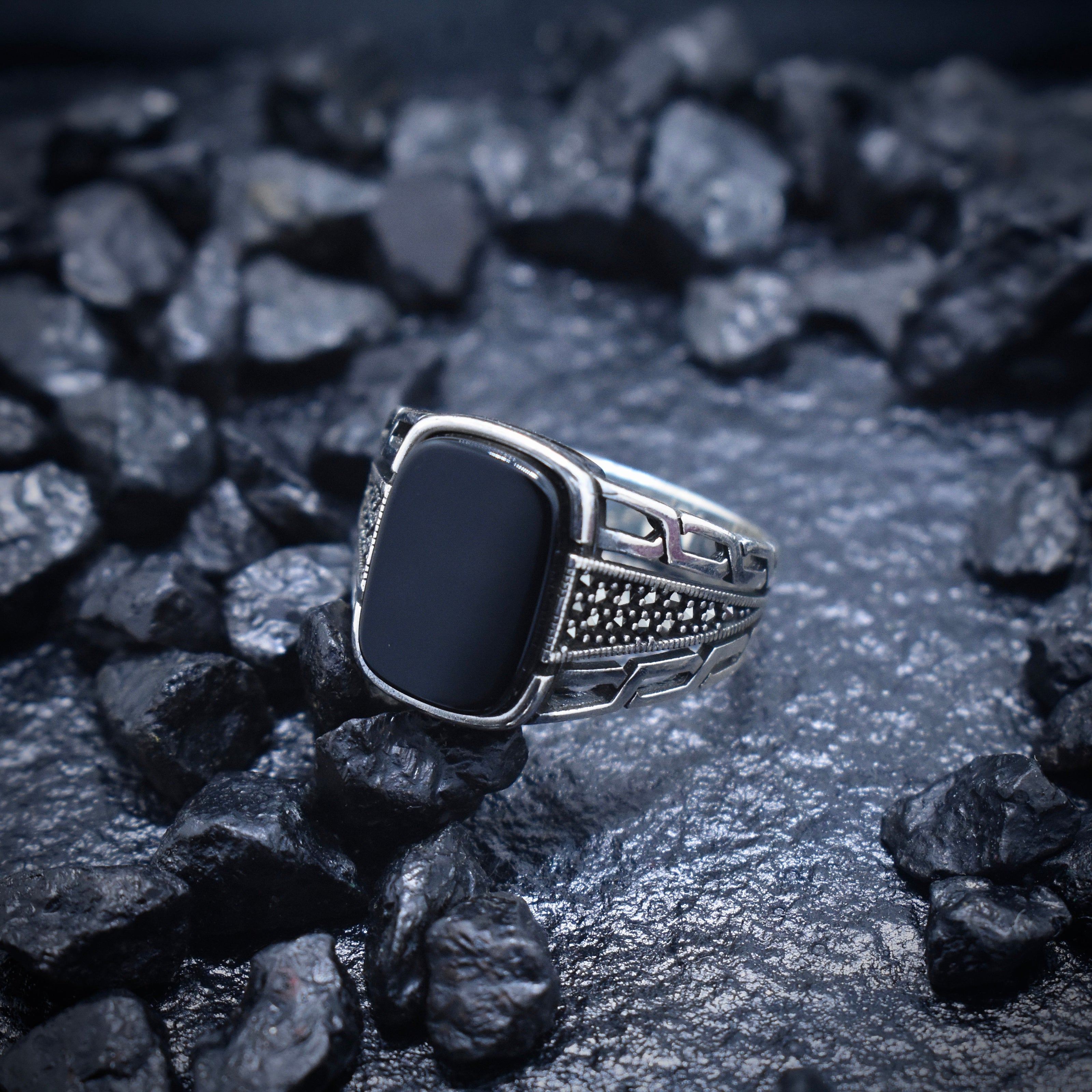 Rectangular Black Stone Silver Ring