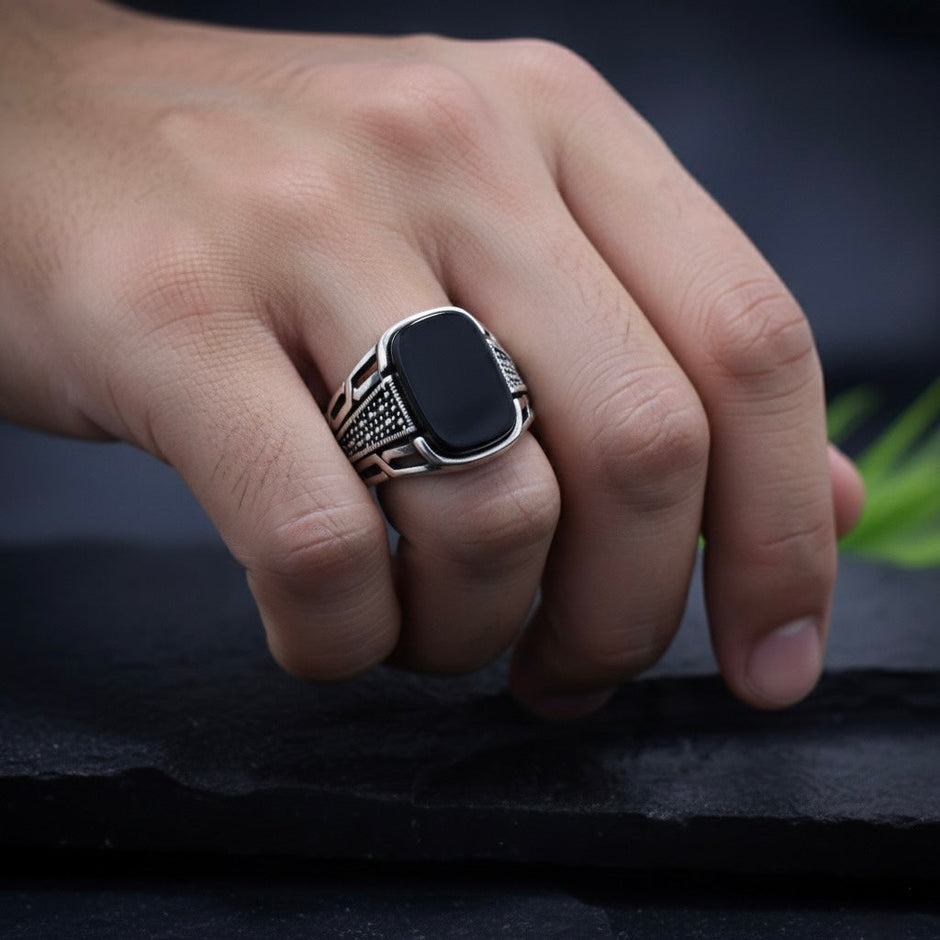 Rectangular Black Stone Silver Ring
