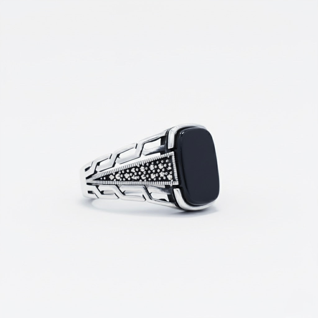 Rectangular Black Stone Silver Ring