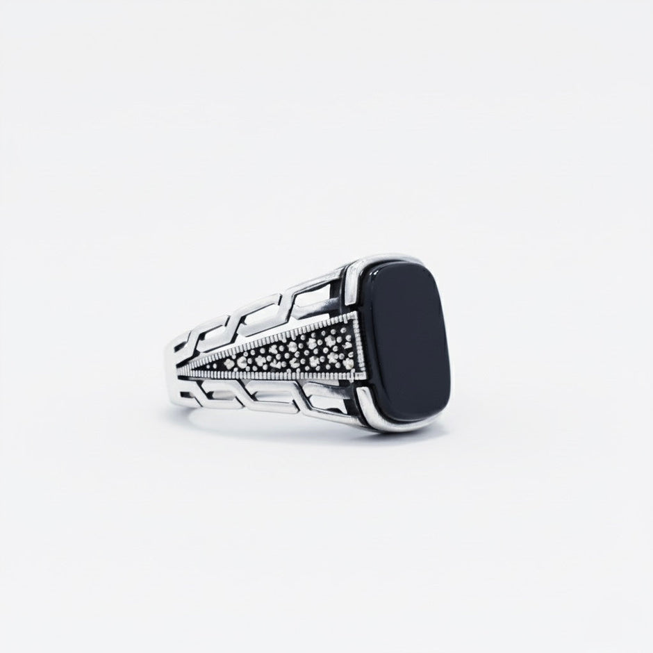 Rectangular Black Stone Silver Ring