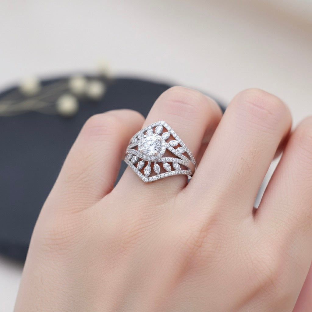 Floral Petal Pave Zircon Silver Ring
