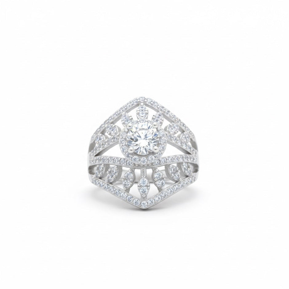 Floral Petal Pave Zircon Silver Ring