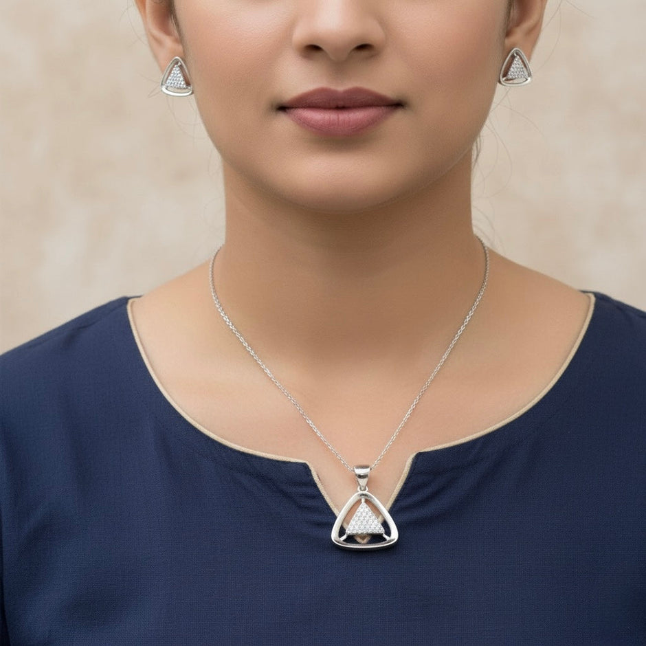 Shimmer Triangle Silver Pendant Set