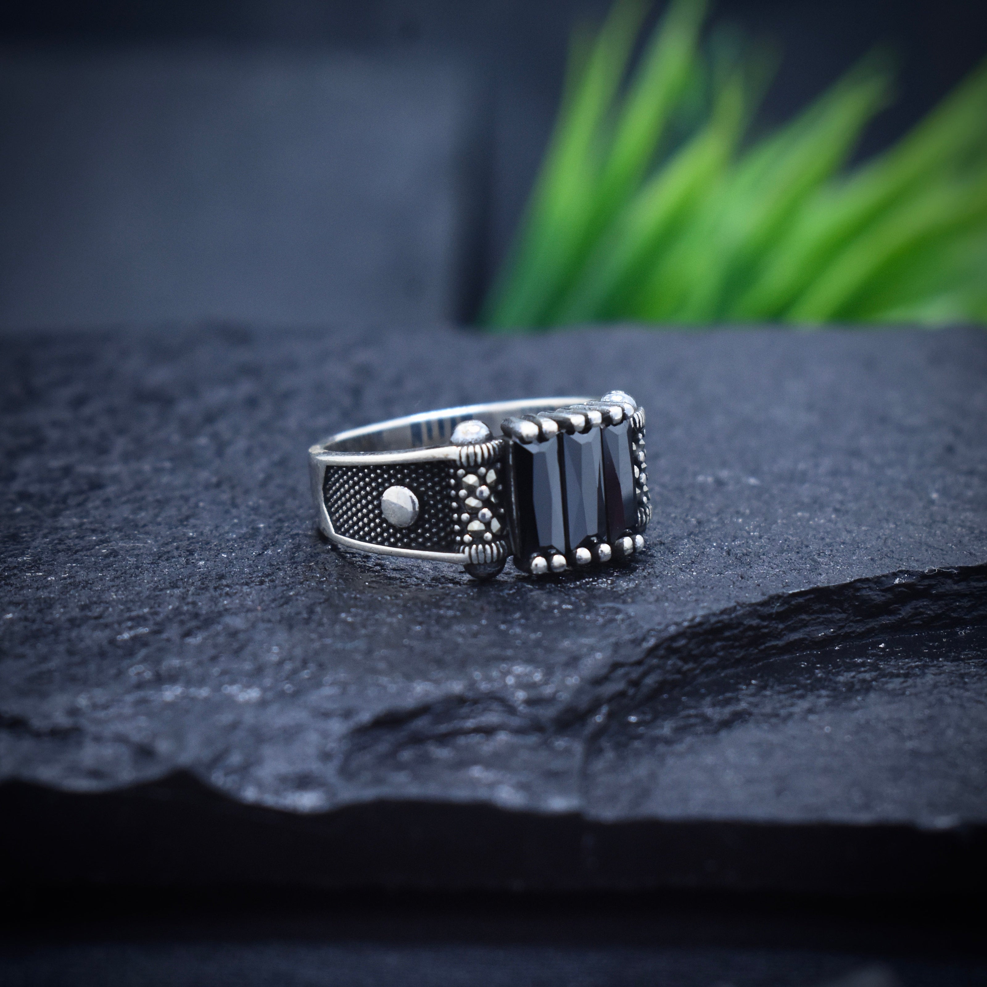 Black Baguette Stone Silver Ring