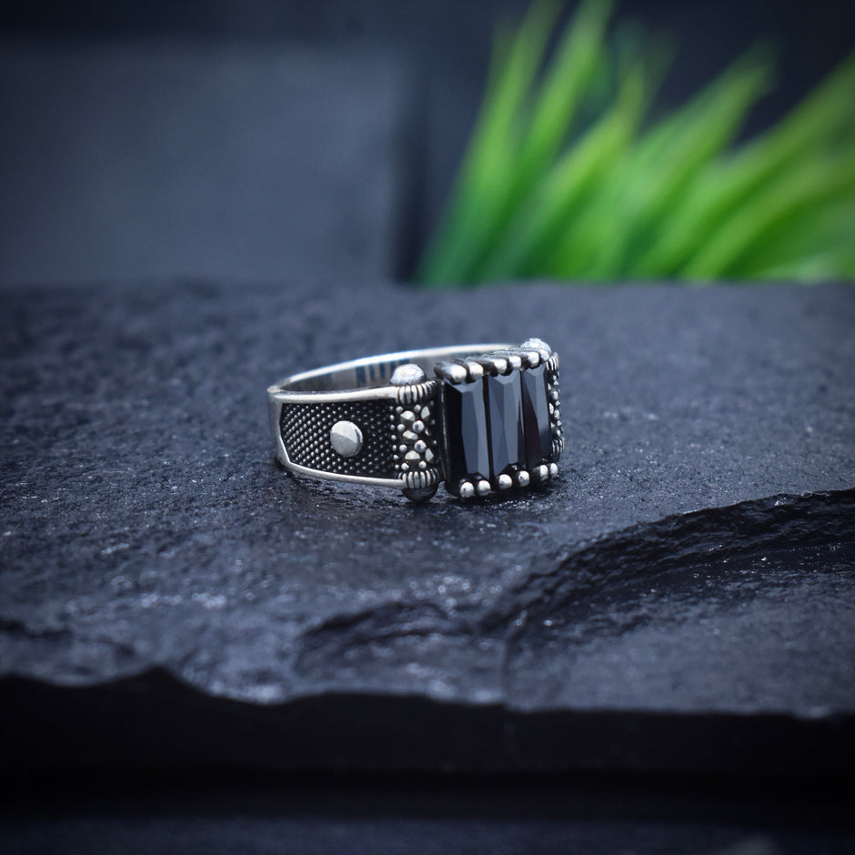 Black Baguette Stone Silver Ring