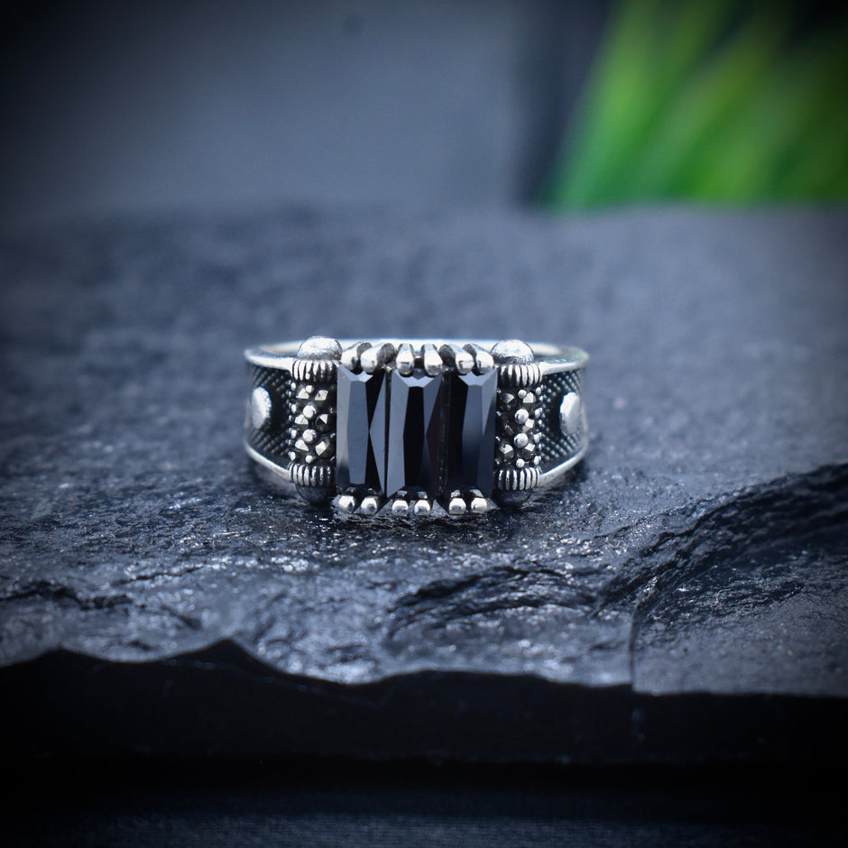 Black Baguette Stone Silver Ring