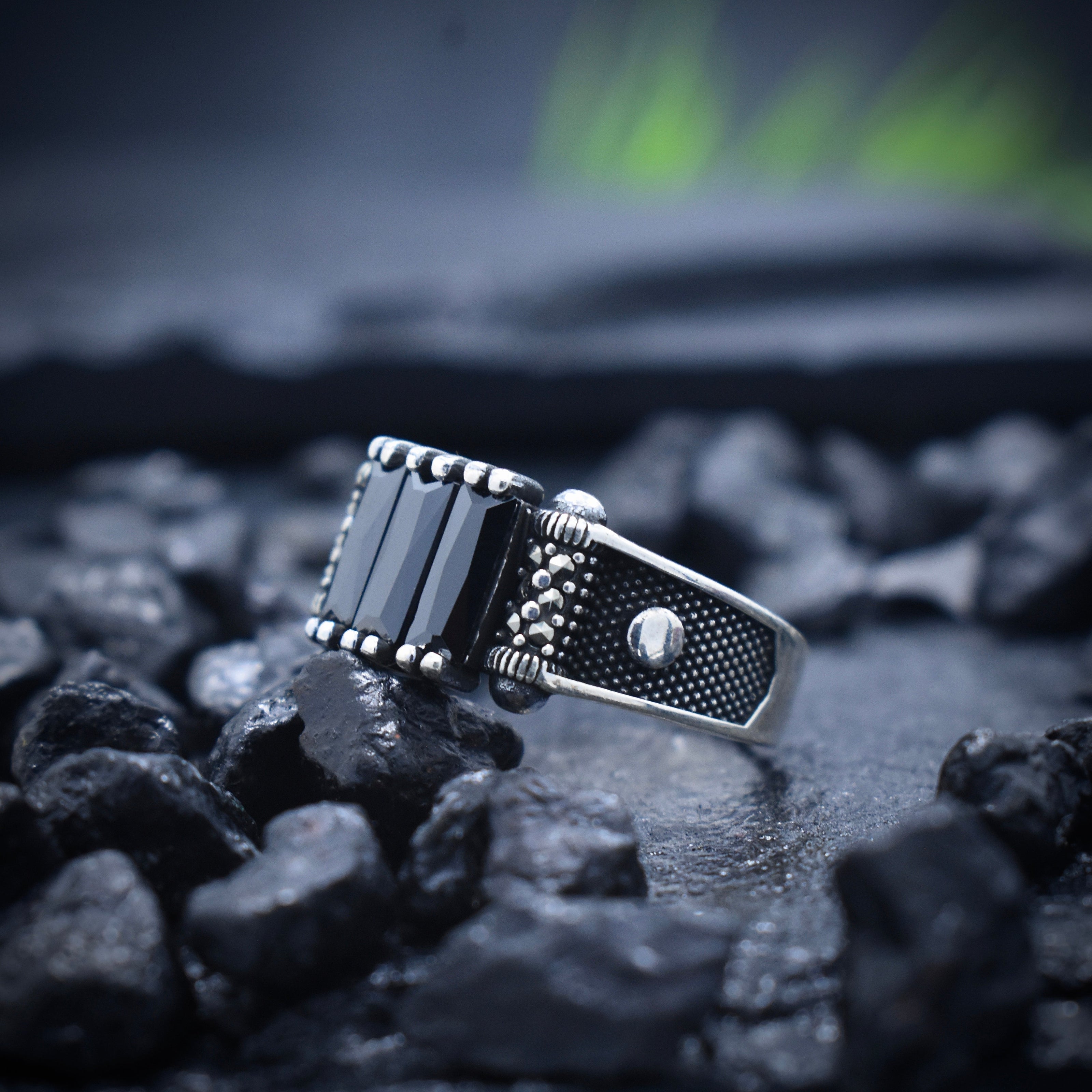 Black Baguette Stone Silver Ring