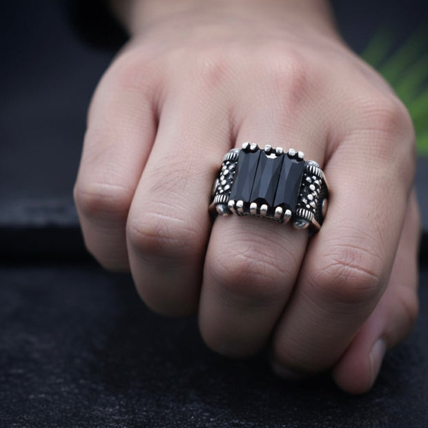 Black Baguette Stone Silver Ring