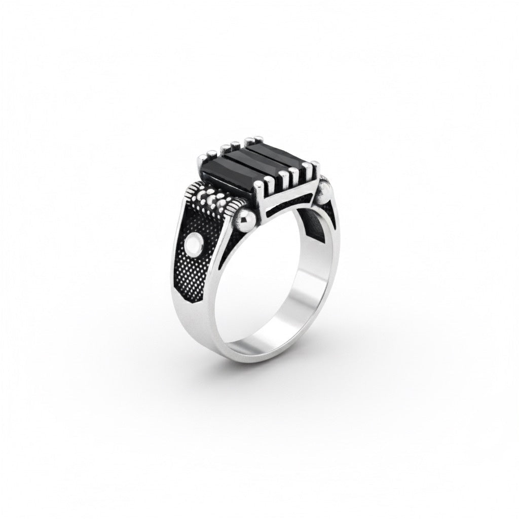 Black Baguette Stone Silver Ring