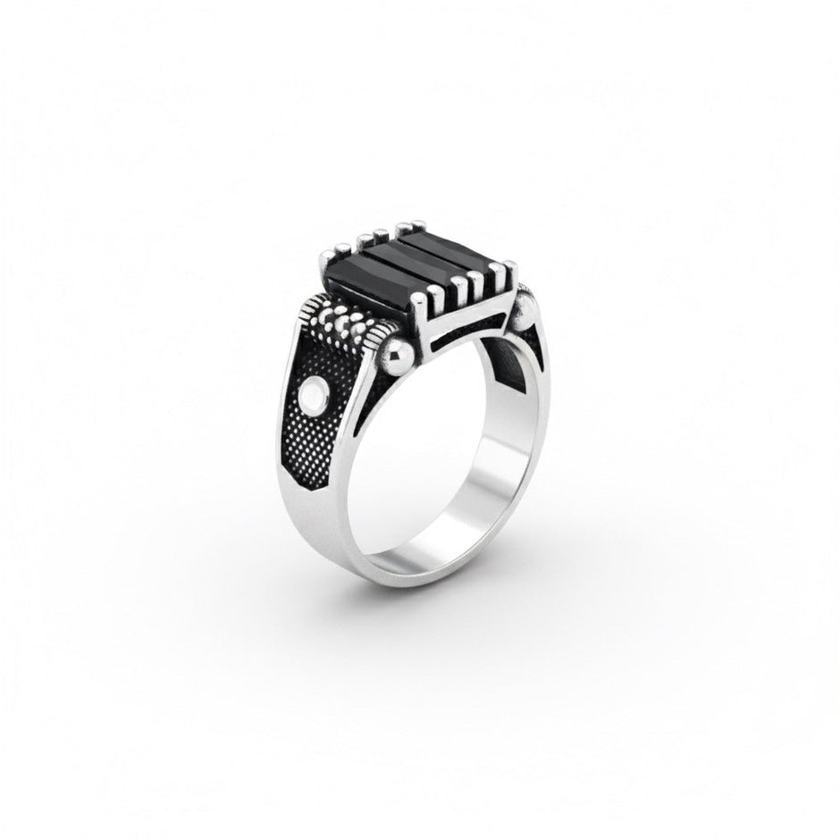 Black Baguette Stone Silver Ring