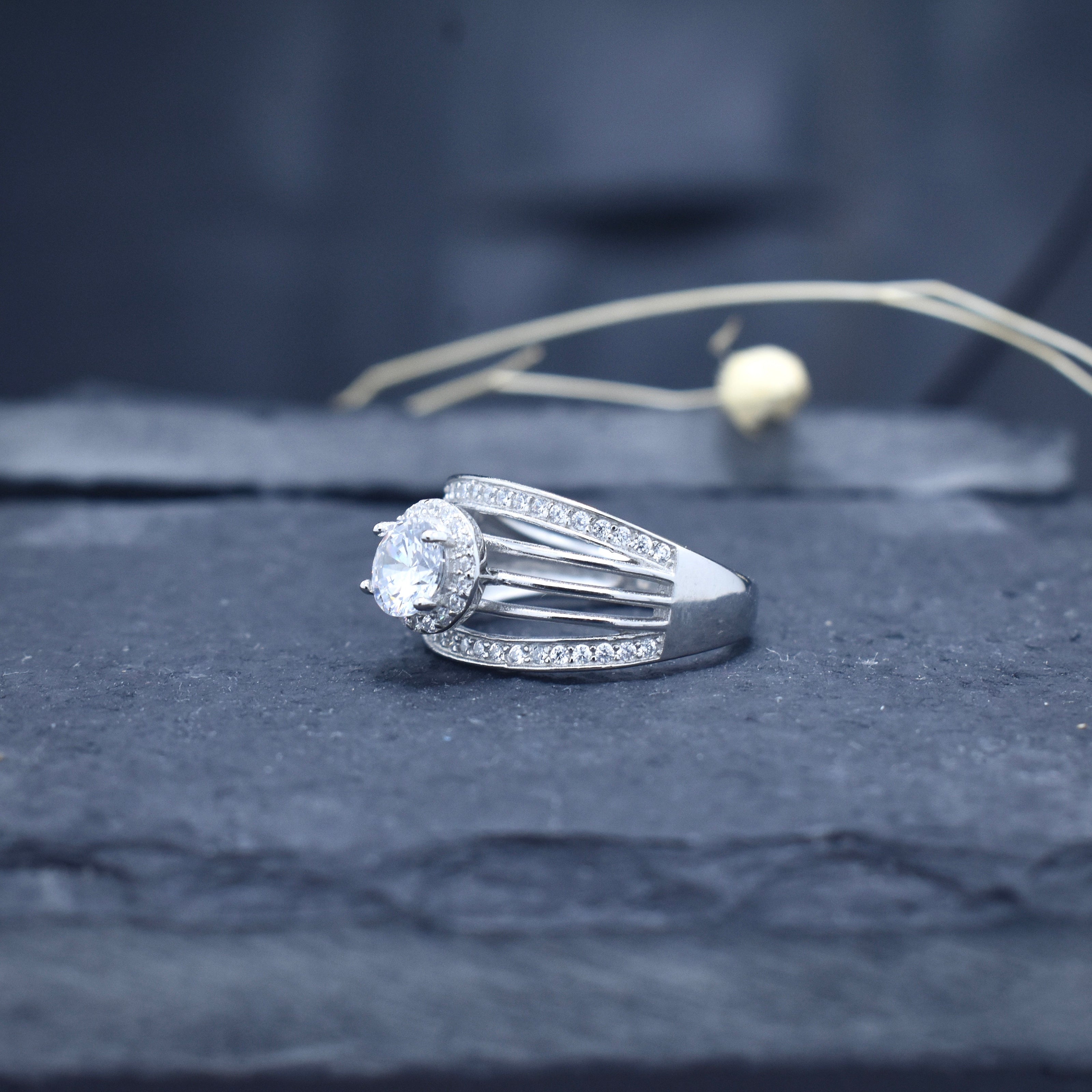 Wide Band Halo Solitaire Silver Ring