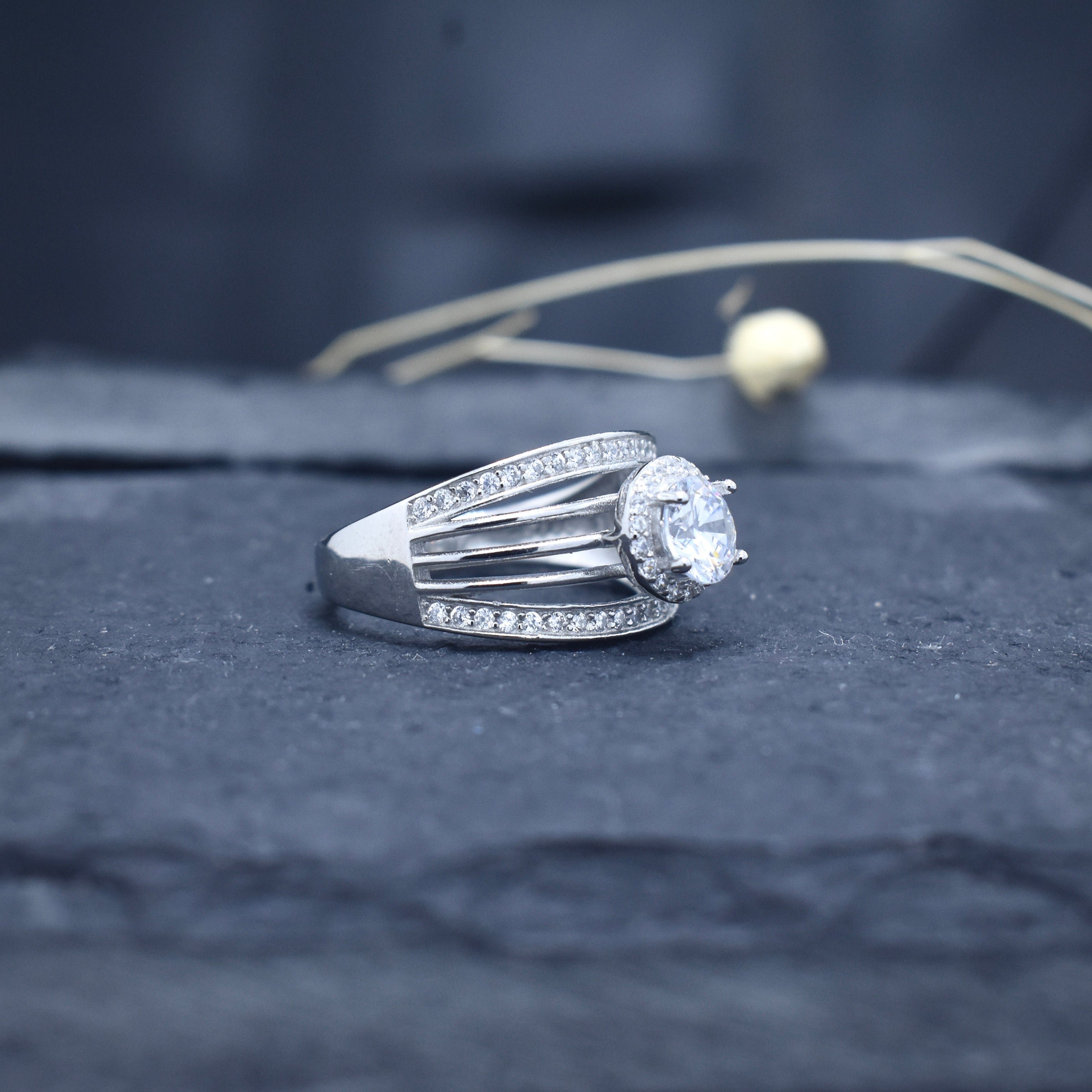 Wide Band Halo Solitaire Silver Ring