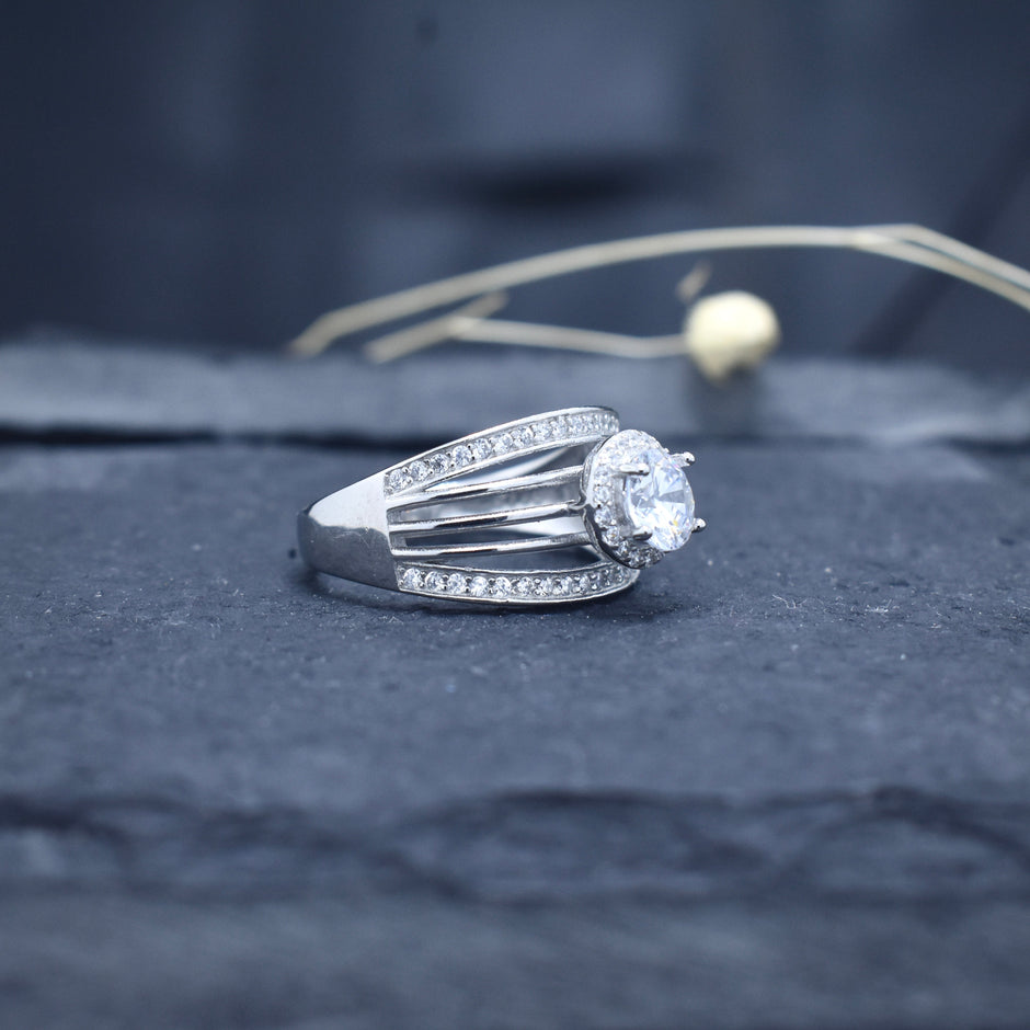 Wide Band Halo Solitaire Silver Ring