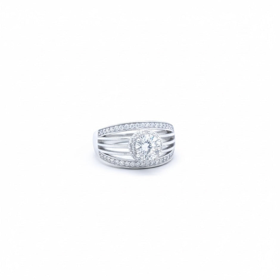 Wide Band Halo Solitaire Silver Ring