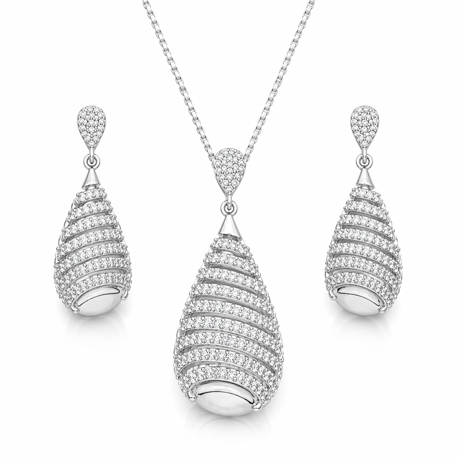 Teardrop CZ Pendant Set with Chain and Earrings