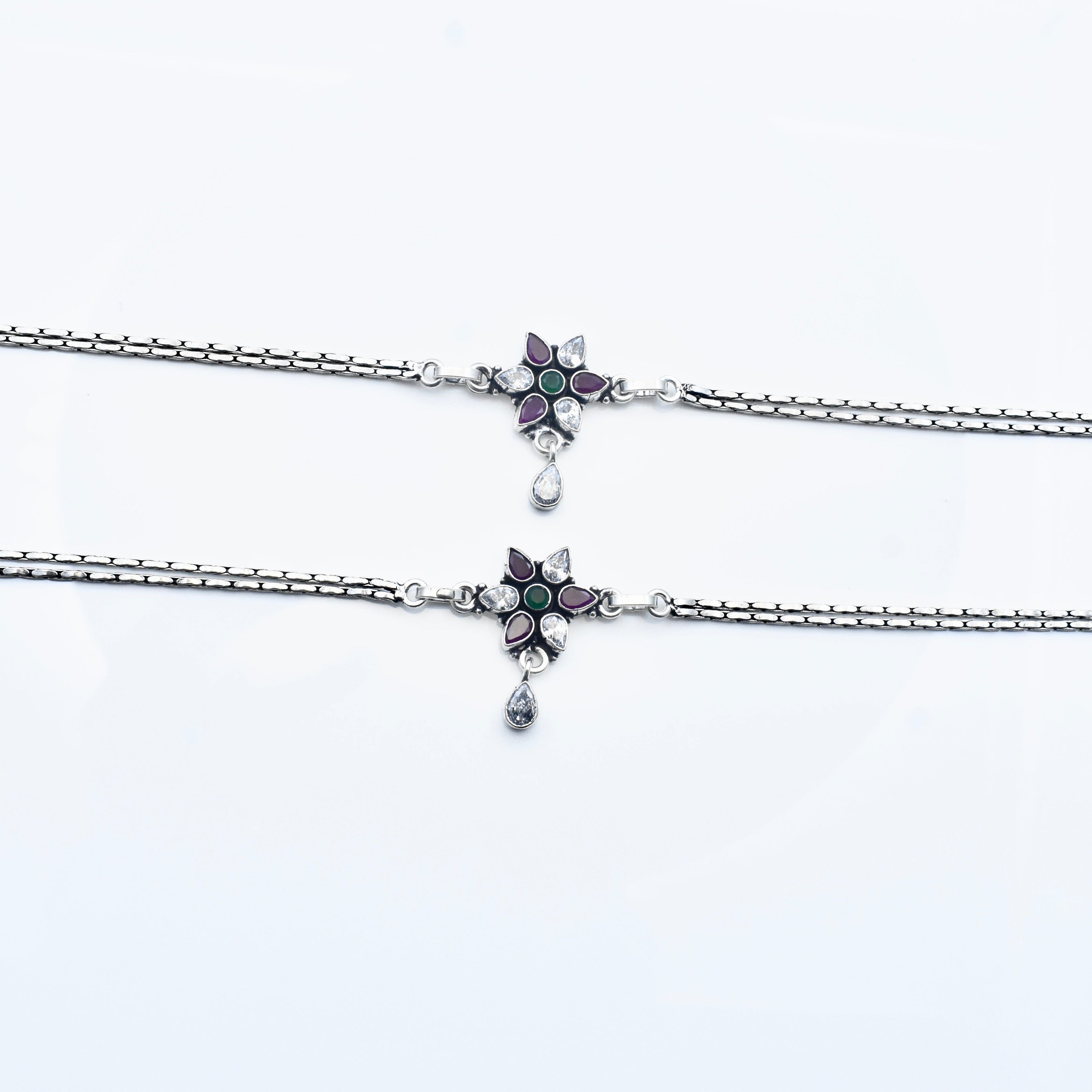 Floral Link Antique Silver Anklet