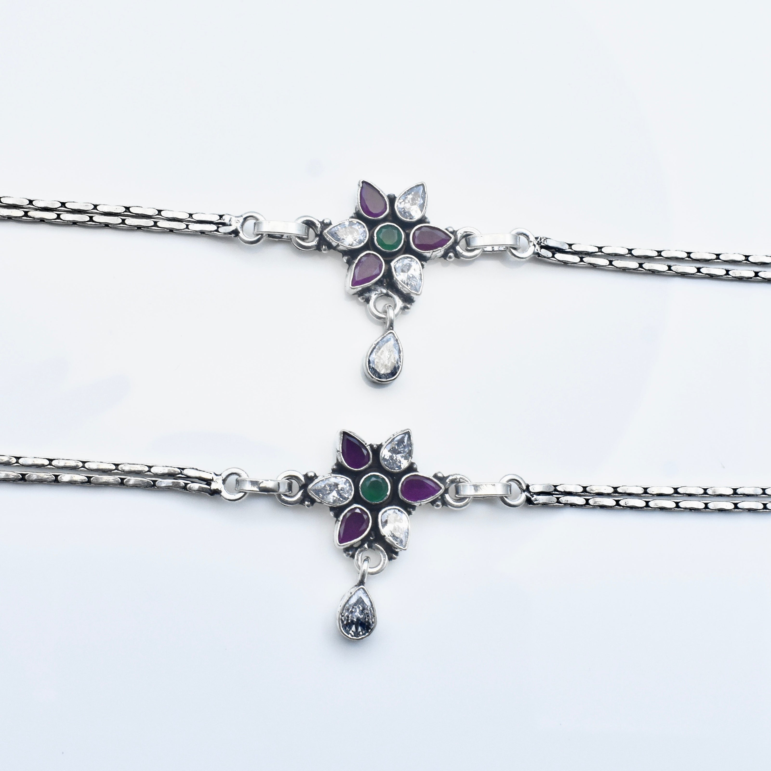 Floral Link Antique Silver Anklet